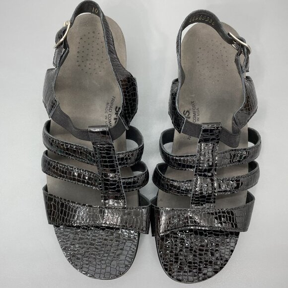 SAS Allegro Sandals Croc Embossed Leather Comfort Strappy Black Womens 10 Wide - Picture 7 of 14